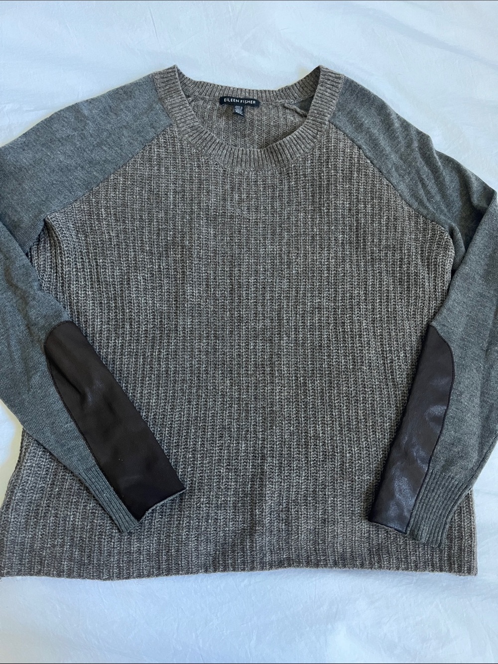 Eileen Fisher Yak Wool Blend Gray Ribbed Sweater with Leather Arm/Sleeve Patches